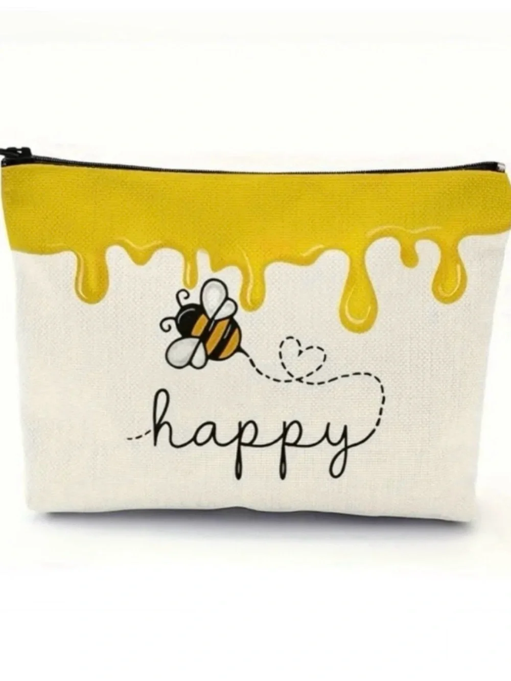 Bee 'Happy' Canvas Zipper Pouch - Yellow & White